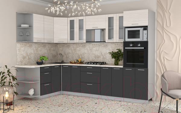 Изображение товара Кухонный гарнитур Интерлиния Мила 1.68x3.0 левая (вудлайн кремовый/антрацит/опал светлый)