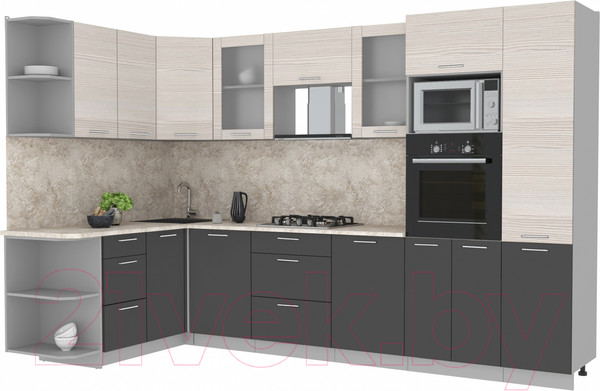 Изображение товара Кухонный гарнитур Интерлиния Мила 1.68x3.2 левая (вудлайн кремовый/антрацит/опал светлый)