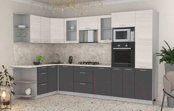 Изображение товара Кухонный гарнитур Интерлиния Мила 1.68x3.2 левая (вудлайн кремовый/антрацит/опал светлый)