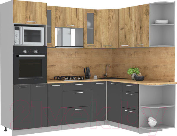 Изображение товара Кухонный гарнитур Интерлиния Мила 1.68x2.4 правая (дуб золотой/антрацит/дуб бунратти)