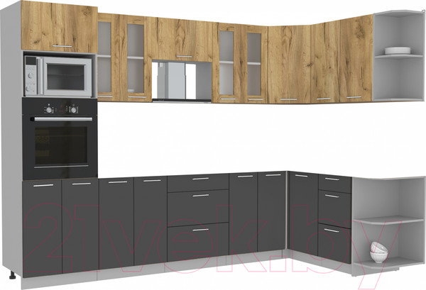 Изображение товара Кухонный гарнитур Интерлиния Мила 1.68x3.0 правая (дуб золотой/антрацит/дуб бунратти)