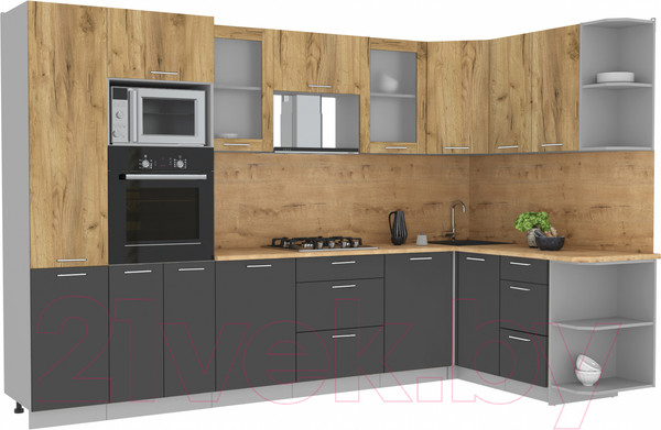 Изображение товара Кухонный гарнитур Интерлиния Мила 1.68x3.2 правая (дуб золотой/антрацит/дуб бунратти)