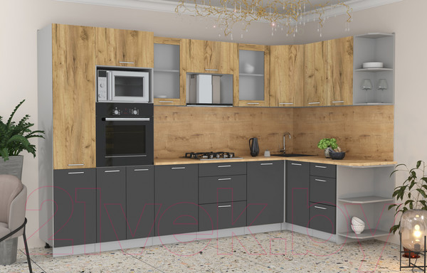 Изображение товара Кухонный гарнитур Интерлиния Мила 1.68x3.2 правая (дуб золотой/антрацит/дуб бунратти)