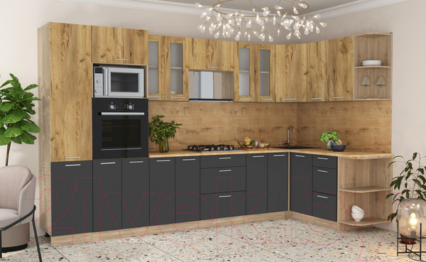 Изображение товара Кухонный гарнитур Интерлиния Мила 1.68x3.4 правая (дуб золотой/антрацит/дуб бунратти)
