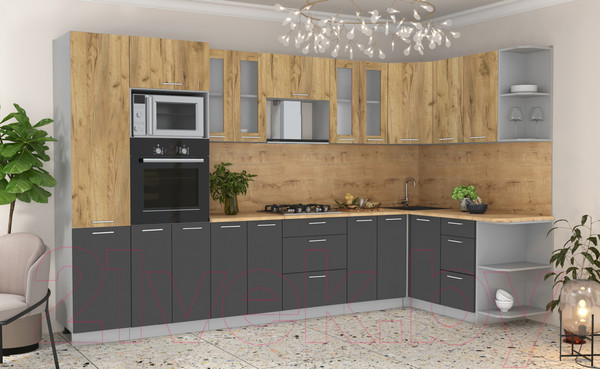 Изображение товара Кухонный гарнитур Интерлиния Мила 1.68x3.4 правая (дуб золотой/антрацит/дуб бунратти)