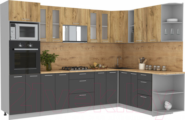 Изображение товара Кухонный гарнитур Интерлиния Мила 1.88x3.0 правая (дуб золотой/антрацит/дуб бунратти)