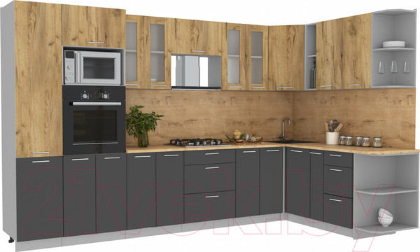 Изображение товара Кухонный гарнитур Интерлиния Мила 1.88x3.4 правая (дуб золотой/антрацит/дуб бунратти)