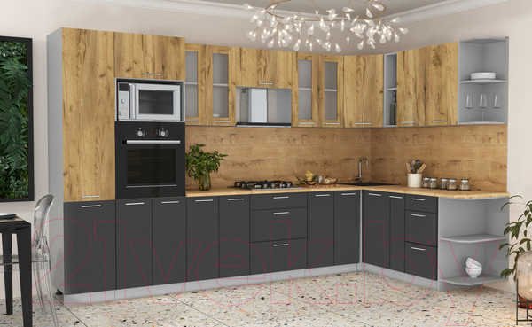 Изображение товара Кухонный гарнитур Интерлиния Мила 1.88x3.4 правая (дуб золотой/антрацит/дуб бунратти)