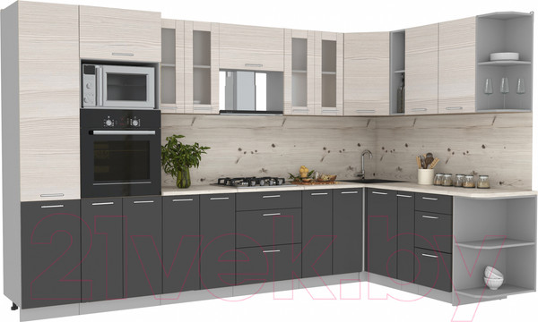 Изображение товара Кухонный гарнитур Интерлиния Мила 1.88x3.4 правая (вудлайн кремовый/антрацит/бискайская сосна)