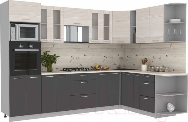 Изображение товара Кухонный гарнитур Интерлиния Мила 1.88x3.0 правая (вудлайн кремовый/антрацит/бискайская сосна)