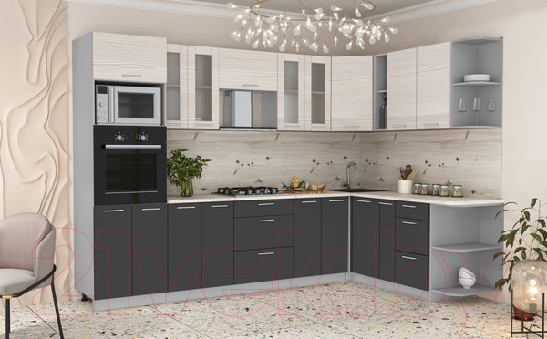 Изображение товара Кухонный гарнитур Интерлиния Мила 1.88x3.0 правая (вудлайн кремовый/антрацит/бискайская сосна)