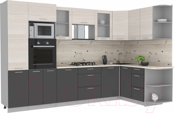 Изображение товара Кухонный гарнитур Интерлиния Мила 1.68x3.2 правая (вудлайн кремовый/антрацит/бискайская сосна)