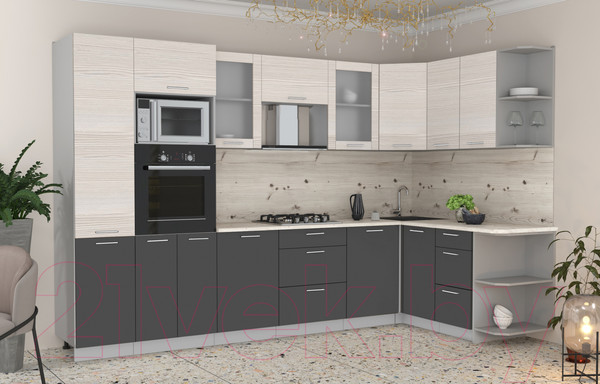 Изображение товара Кухонный гарнитур Интерлиния Мила 1.68x3.2 правая (вудлайн кремовый/антрацит/бискайская сосна)