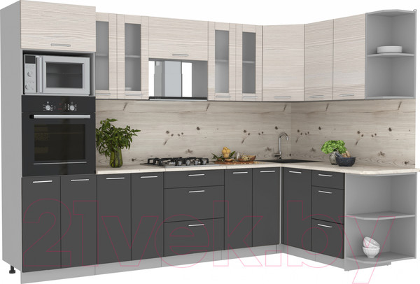 Изображение товара Кухонный гарнитур Интерлиния Мила 1.68x3.0 правая (вудлайн кремовый/антрацит/бискайская сосна)