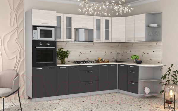 Изображение товара Кухонный гарнитур Интерлиния Мила 1.68x3.0 правая (вудлайн кремовый/антрацит/бискайская сосна)