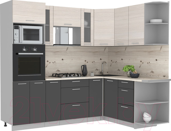 Изображение товара Кухонный гарнитур Интерлиния Мила 1.68x2.4 правая (вудлайн кремовый/антрацит/бискайская сосна)