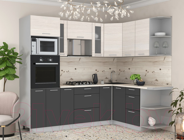 Изображение товара Кухонный гарнитур Интерлиния Мила 1.68x2.4 правая (вудлайн кремовый/антрацит/бискайская сосна)