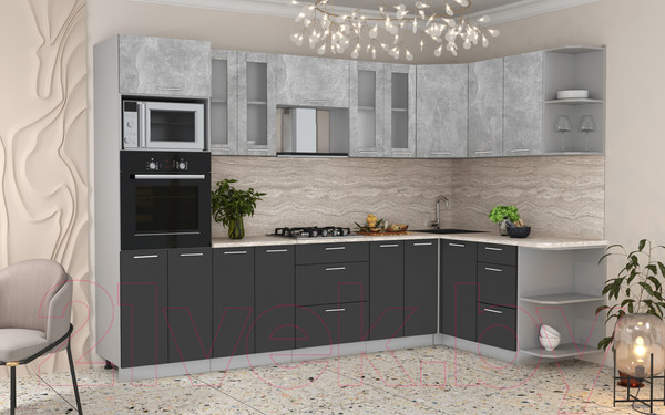 Изображение товара Кухонный гарнитур Интерлиния Мила 1.68x3.0 правая (бетон/антрацит/травертин)