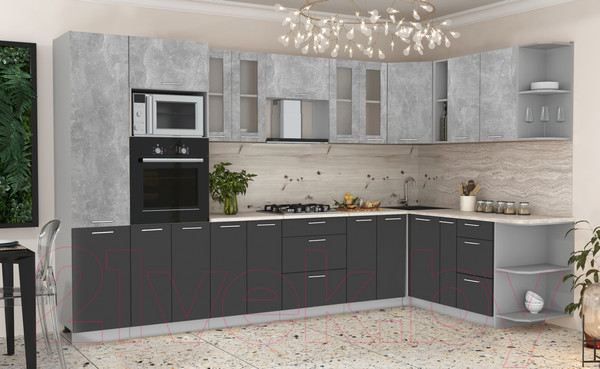 Изображение товара Кухонный гарнитур Интерлиния Мила 1.88x3.4 правая (бетон/антрацит/травертин)