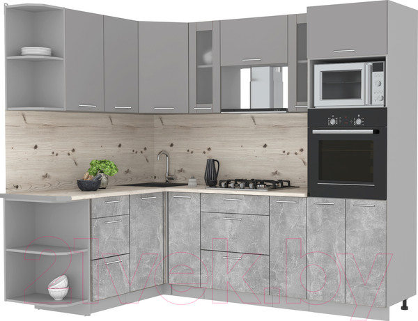 Изображение товара Кухонный гарнитур Интерлиния Мила 1.68x2.4 левая (серебристый/бетон/бискайская сосна)