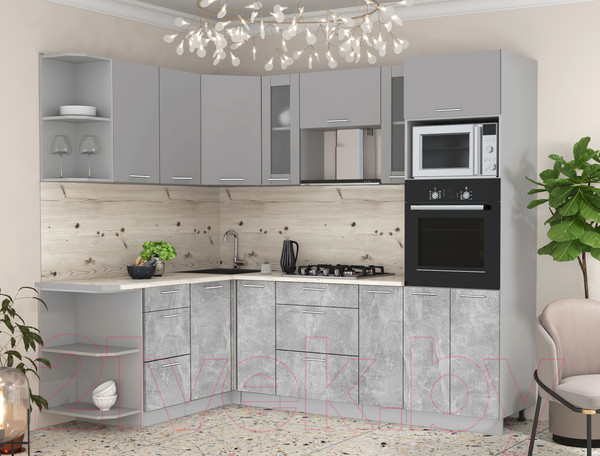 Изображение товара Кухонный гарнитур Интерлиния Мила 1.68x2.4 левая (серебристый/бетон/бискайская сосна)