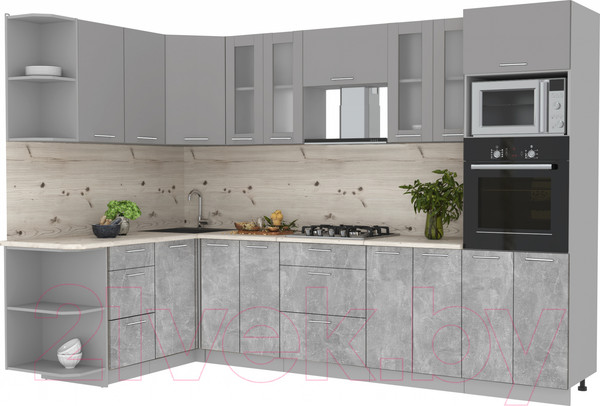 Изображение товара Кухонный гарнитур Интерлиния Мила 1.68x3.0 левая (серебристый/бетон/бискайская сосна)