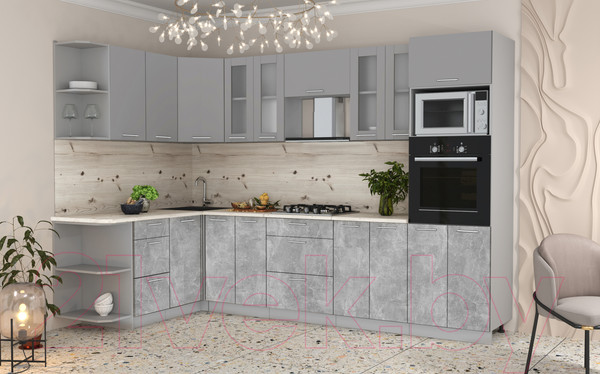 Изображение товара Кухонный гарнитур Интерлиния Мила 1.68x3.0 левая (серебристый/бетон/бискайская сосна)