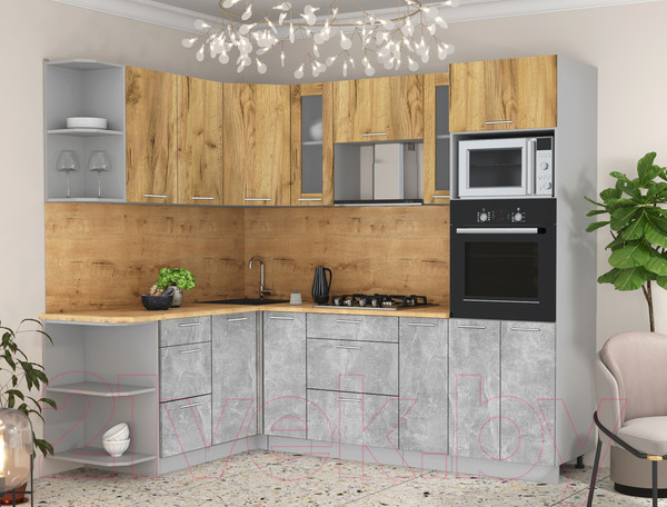 Изображение товара Кухонный гарнитур Интерлиния Мила 1.68x2.4 левая (дуб золотой/бетон/дуб бунратти)