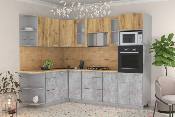 Изображение товара Кухонный гарнитур Интерлиния Мила 1.68x2.6 левая (дуб золотой/бетон/дуб бунратти)