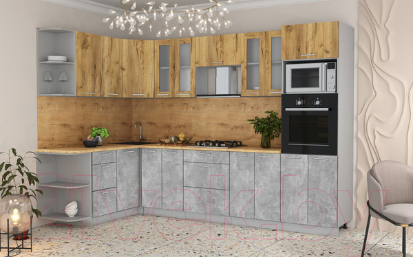 Изображение товара Кухонный гарнитур Интерлиния Мила 1.68x3.0 левая (дуб золотой/бетон/дуб бунратти)