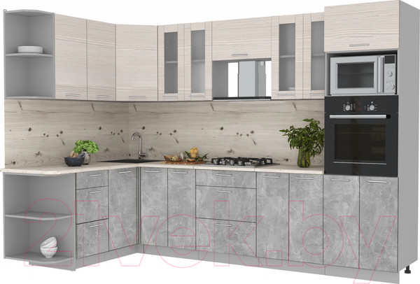 Изображение товара Кухонный гарнитур Интерлиния Мила 1.68x3.0 левая (вудлайн кремовый/бетон/бискайская сосна)