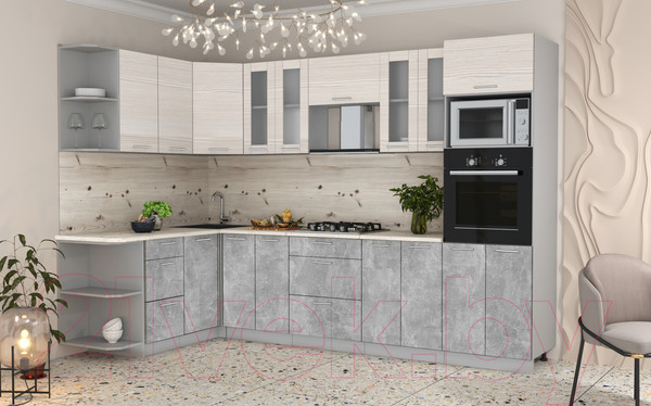 Изображение товара Кухонный гарнитур Интерлиния Мила 1.68x3.0 левая (вудлайн кремовый/бетон/бискайская сосна)