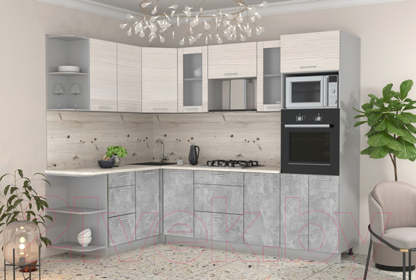 Изображение товара Кухонный гарнитур Интерлиния Мила 1.68x2.6 левая (вудлайн кремовый/бетон/бискайская сосна)