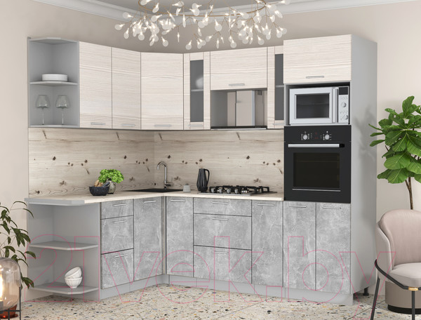 Изображение товара Кухонный гарнитур Интерлиния Мила 1.68x2.4 левая (вудлайн кремовый/бетон/бискайская сосна)