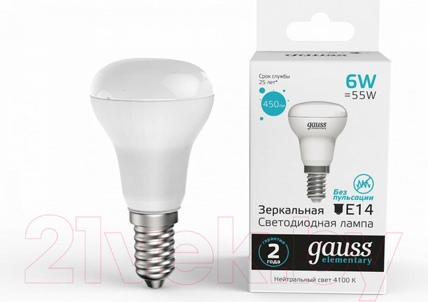 Изображение товара Лампа Gauss Elementary R50 6W 450lm 4100K Е14 / 63126