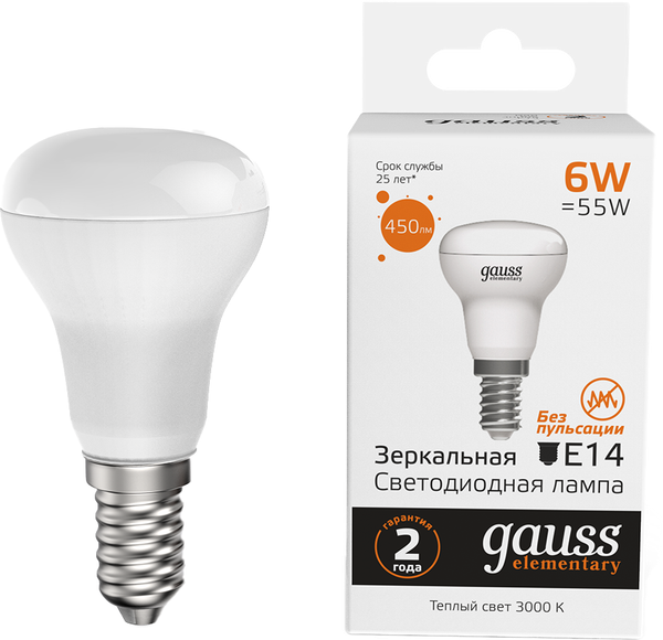 Изображение товара Лампа Gauss Elementary R50 E14 6W 3000К / 63116