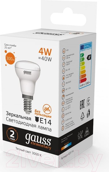Изображение товара Лампа Gauss Elementary E14 4W 3000К / 63114