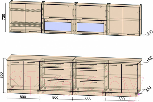 Изображение товара Кухонный гарнитур Интерлиния Мила Пластик 3.2 В (черный глянец/белый глянец/опал светлый)
