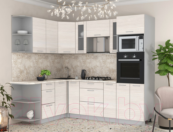 Изображение товара Кухонный гарнитур Интерлиния Мила 1.68x2.4 левая (вудлайн кремовый/опал светлый)