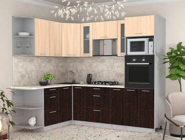 Изображение товара Кухонный гарнитур Интерлиния Мила 1.68x2.4 левая (дуб молочный/дуб венге/опал светлый)