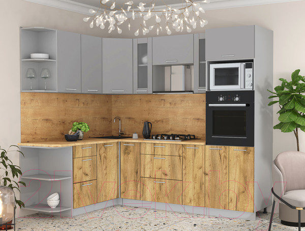 Изображение товара Кухонный гарнитур Интерлиния Мила 1.68x2.4 левая (серебристый/дуб золотой/дуб бунратти)