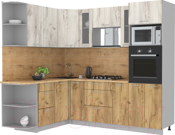 Изображение товара Кухонный гарнитур Интерлиния Мила 1.68x2.4 левая (дуб белый/дуб золотой/дуб бунратти)