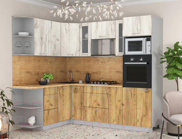 Изображение товара Кухонный гарнитур Интерлиния Мила 1.68x2.4 левая (дуб белый/дуб золотой/дуб бунратти)