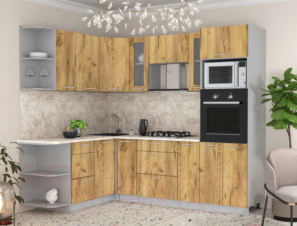 Изображение товара Кухонный гарнитур Интерлиния Мила 1.68x2.4 левая (дуб золотой/дуб золотой/опал светлый)