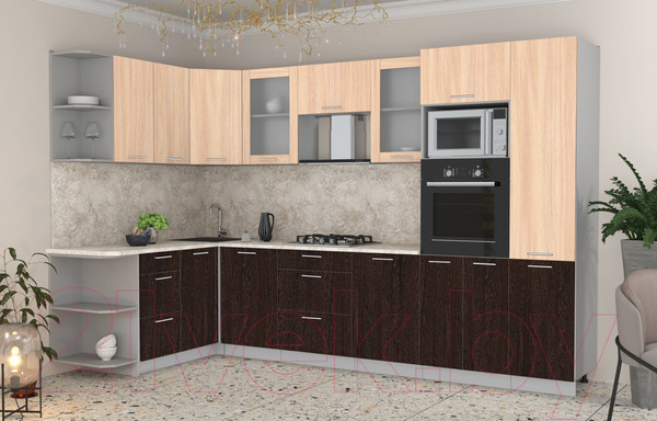 Изображение товара Кухонный гарнитур Интерлиния Мила 1.68x3.2 левая (дуб молочный/дуб венге/опал светлый)