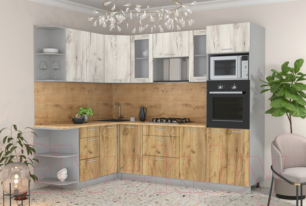 Изображение товара Кухонный гарнитур Интерлиния Мила 1.68x2.6 левая (дуб белый/дуб золотой/дуб бунратти)