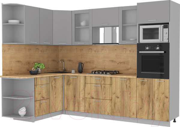Изображение товара Кухонный гарнитур Интерлиния Мила 1.68x2.8 левая (серебристый/дуб золотой/дуб бунратти)