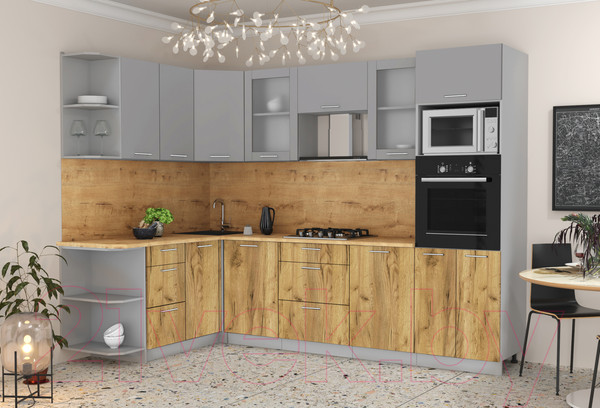 Изображение товара Кухонный гарнитур Интерлиния Мила 1.68x2.8 левая (серебристый/дуб золотой/дуб бунратти)