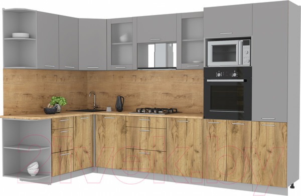 Изображение товара Кухонный гарнитур Интерлиния Мила 1.68x3.2 левая (серебристый/дуб золотой/дуб бунратти)