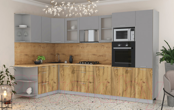 Изображение товара Кухонный гарнитур Интерлиния Мила 1.68x3.2 левая (серебристый/дуб золотой/дуб бунратти)